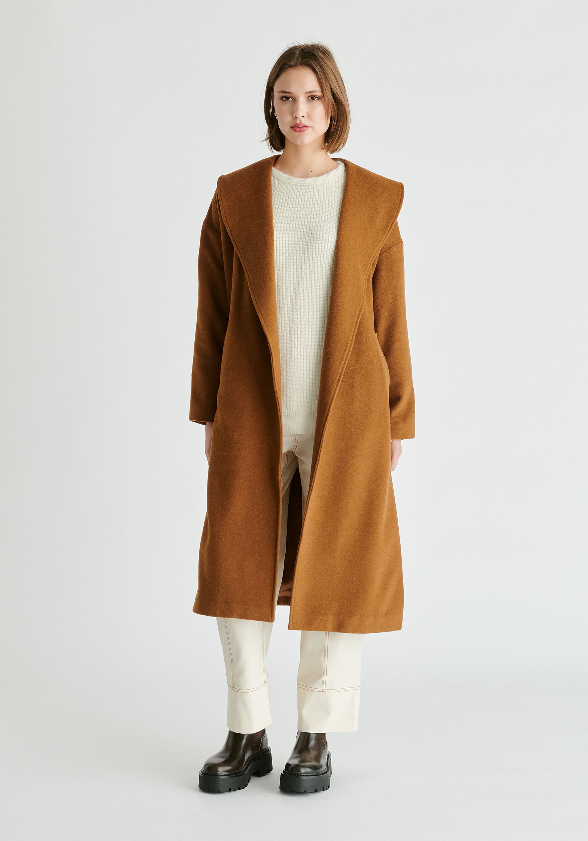 Shawl Collar Wool Coat with Belt in Camel Front