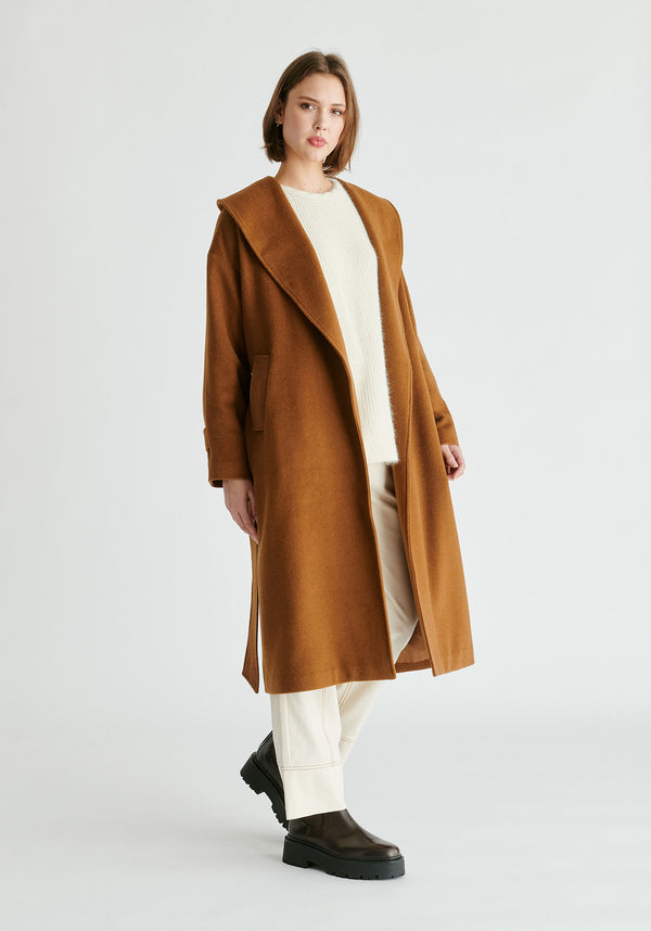 Shawl Collar Wool Coat with Belt in Camel Side
