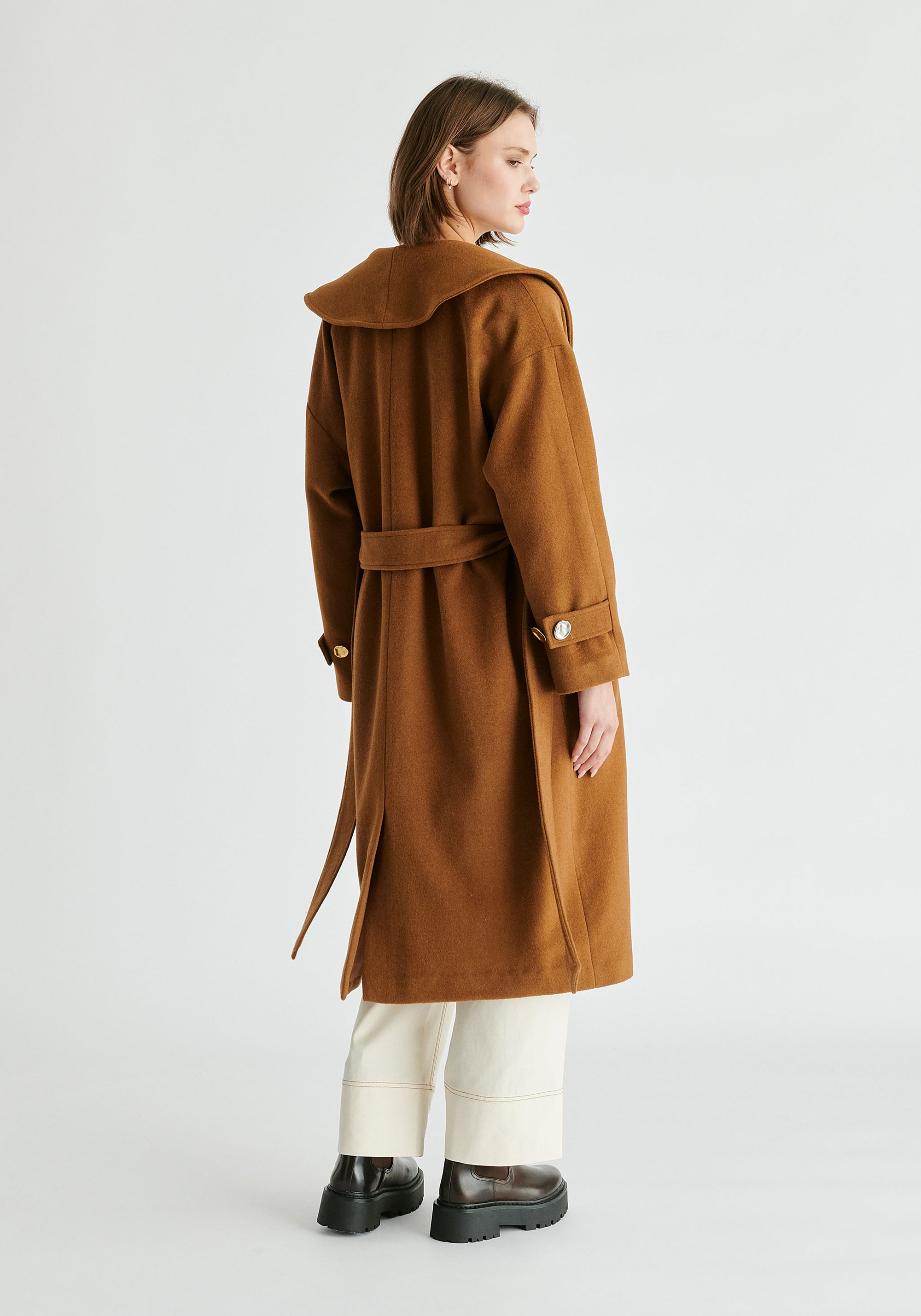 Shawl Collar Wool Coat with Belt in Camel Back