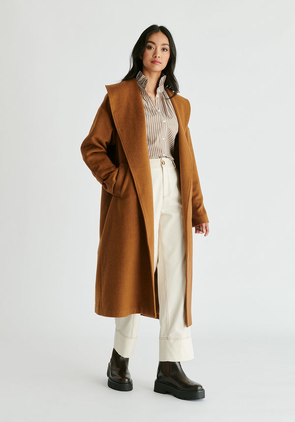 Shawl Collar Wool Coat with Belt in Camel Front