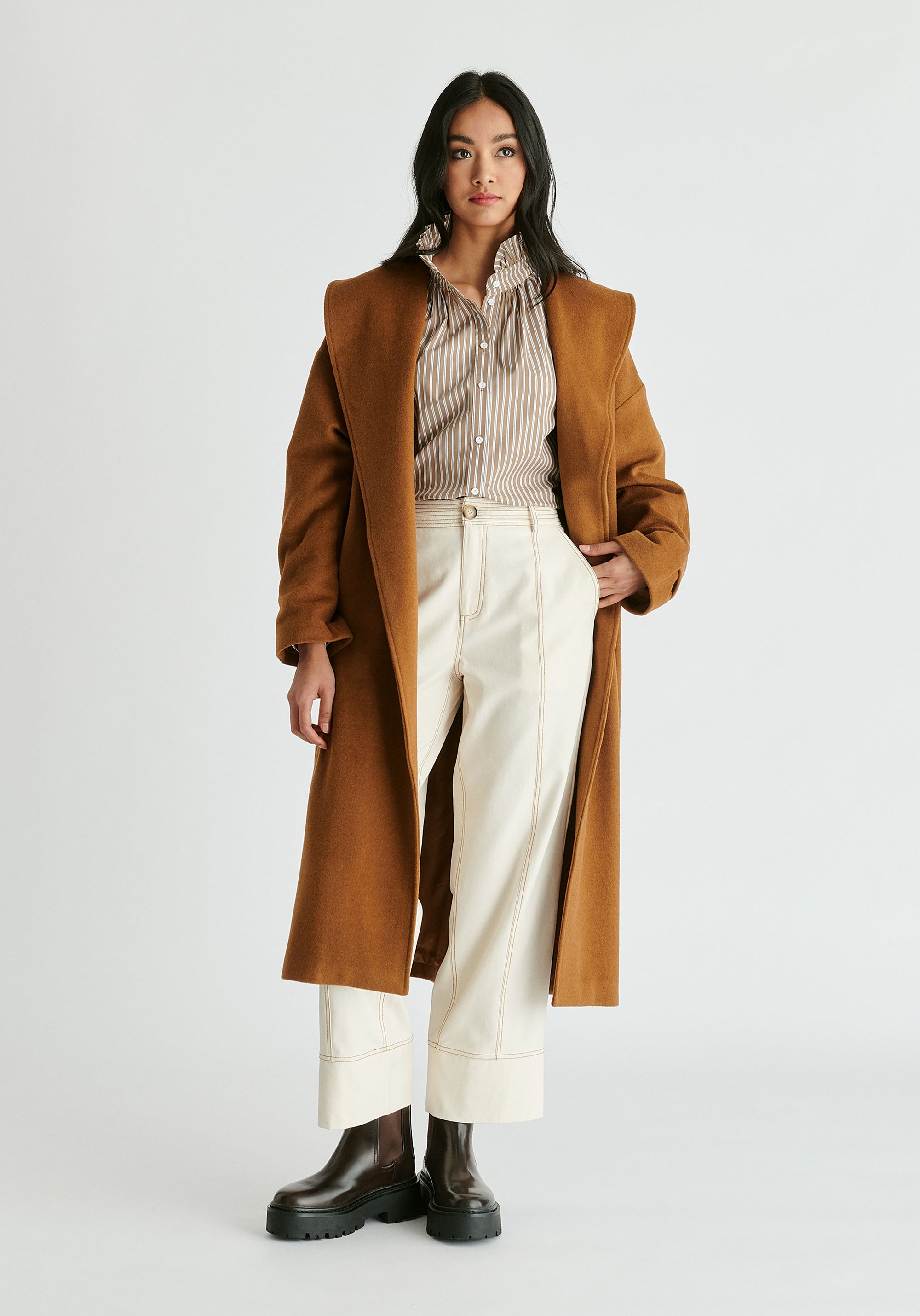 Shawl Collar Wool Coat with Belt in Camel Front