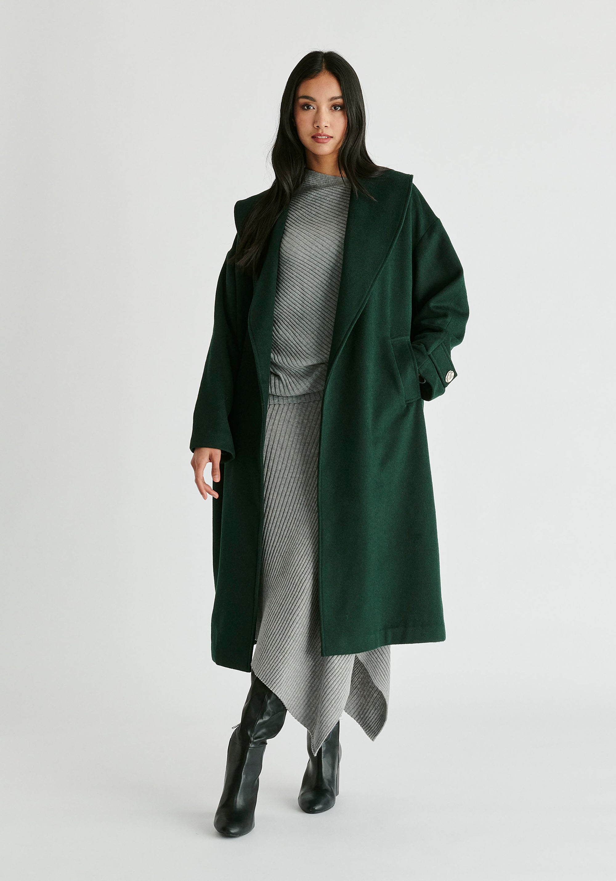 Shawl Collar Wool Coat with Belt in Dark Green
