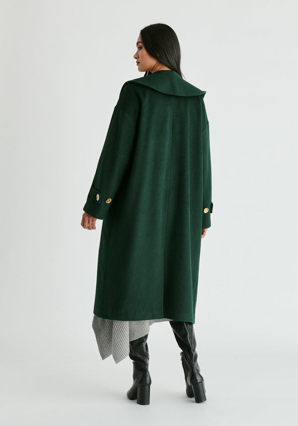 Shawl Collar Wool Coat with Belt in Dark Green Back