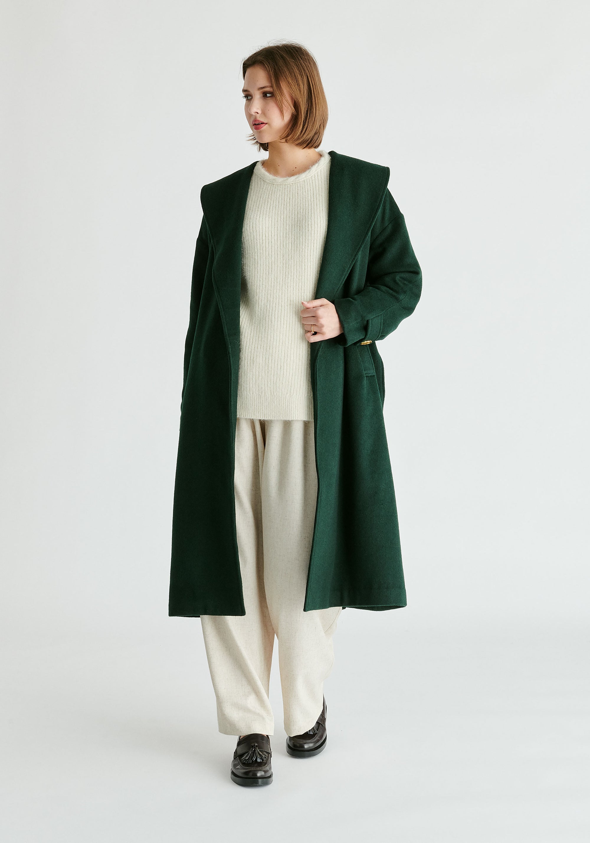 Shawl Collar Wool Coat with Belt in Dark Green Front