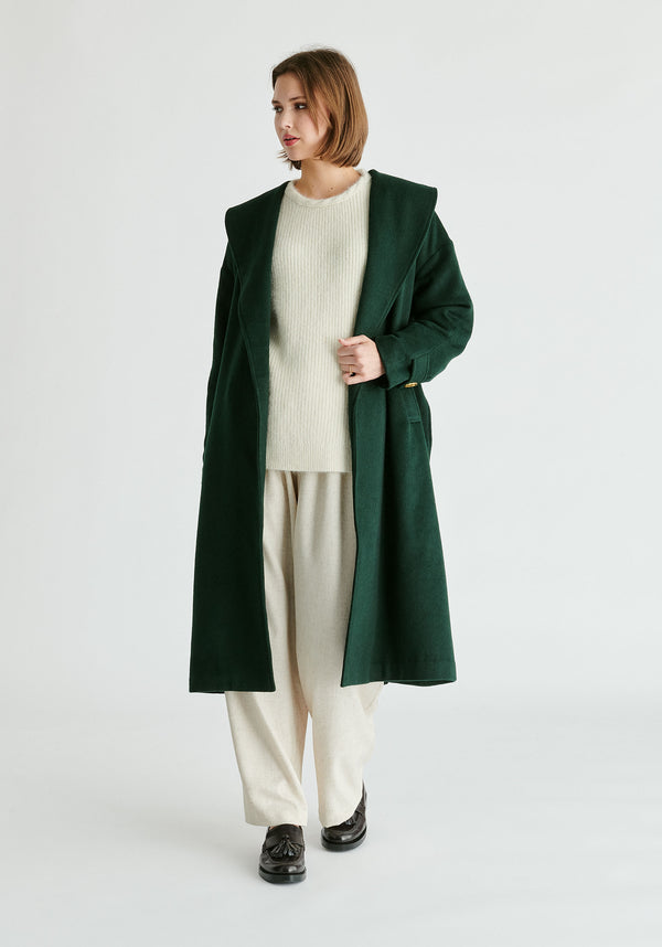 Shawl Collar Wool Coat with Belt in Dark Green Front