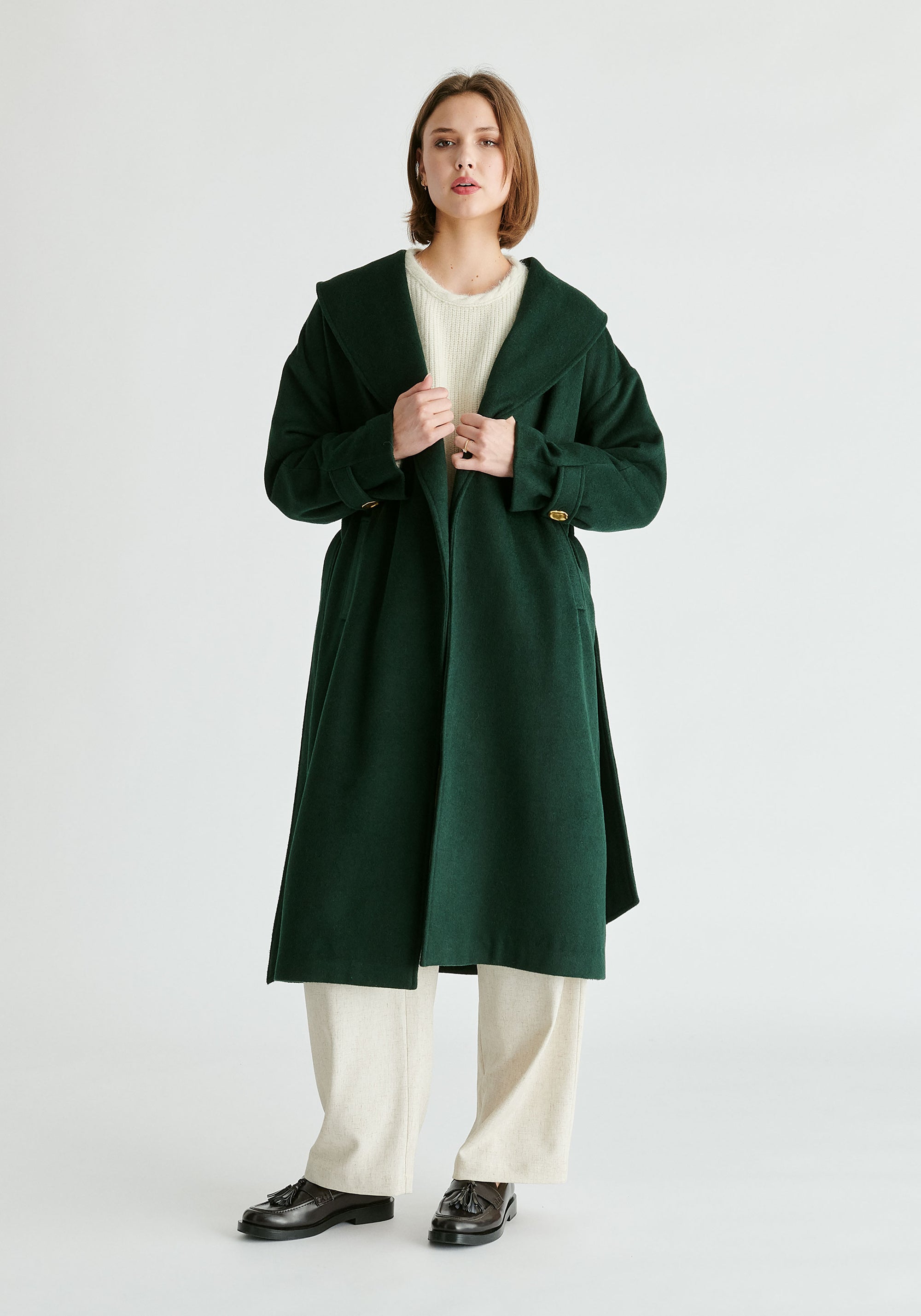 Shawl Collar Wool Coat with Belt in Dark Green Front