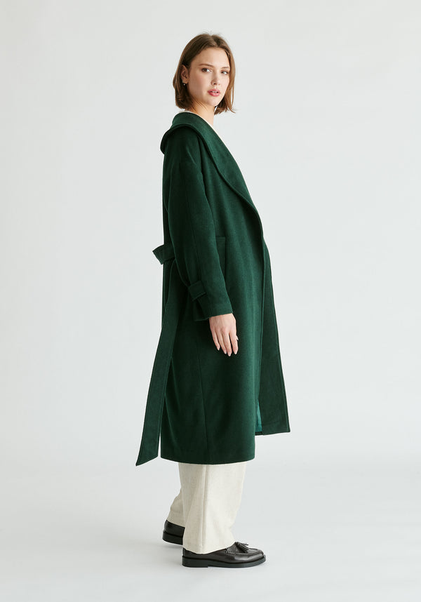 Shawl Collar Wool Coat with Belt in Dark Green Side
