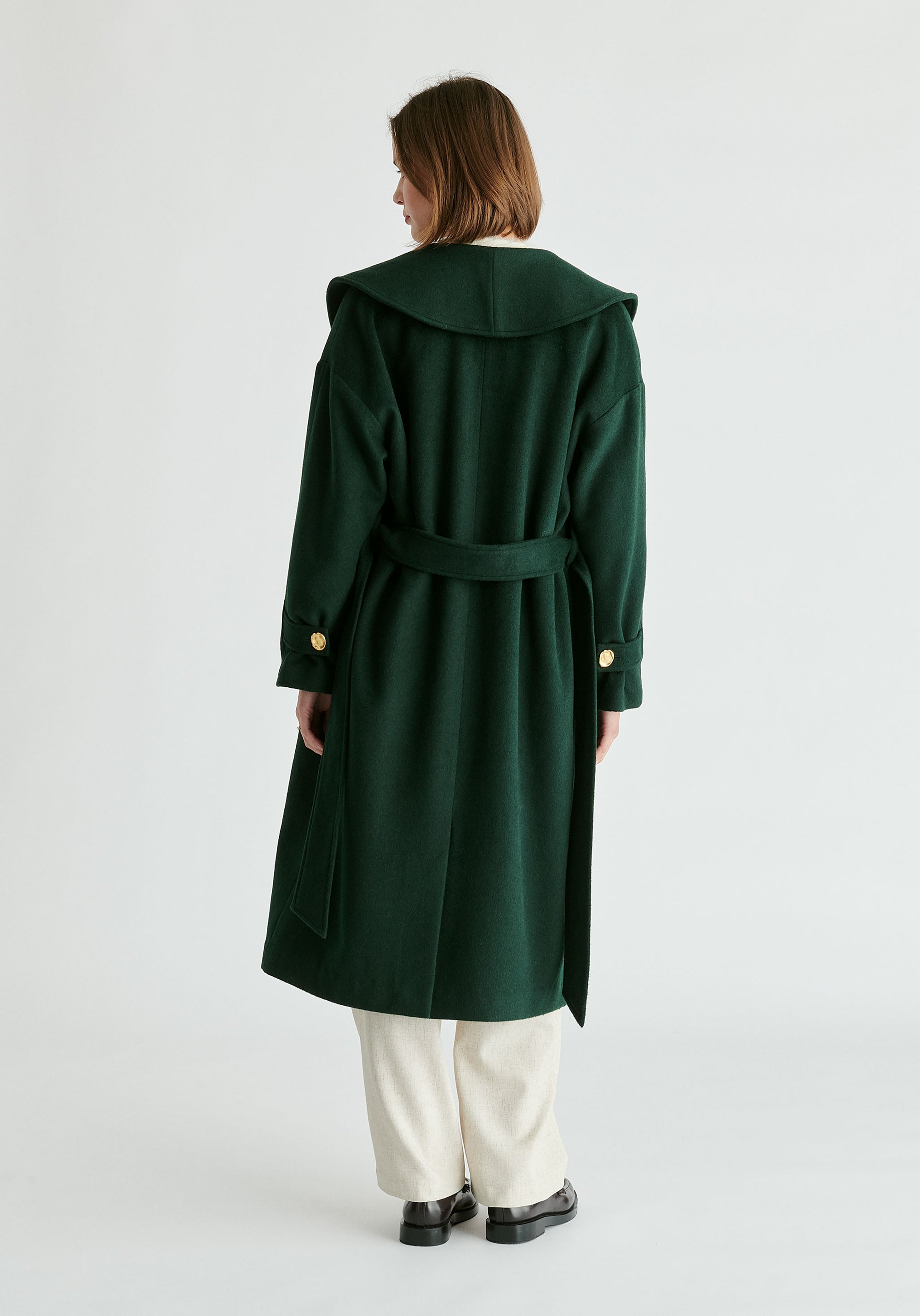 Shawl Collar Wool Coat with Belt in Dark Green Back