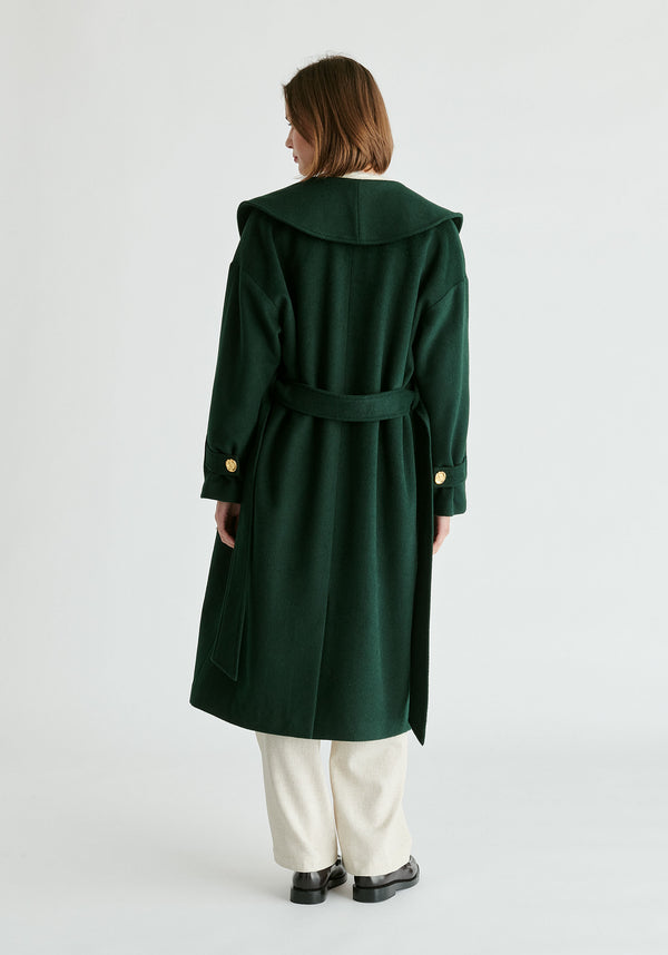 Shawl Collar Wool Coat with Belt in Dark Green Back