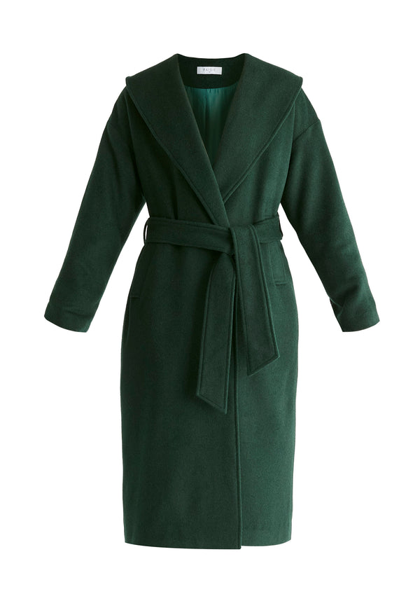 Shawl Collar Wool Coat with Belt in Dark Green Cutout
