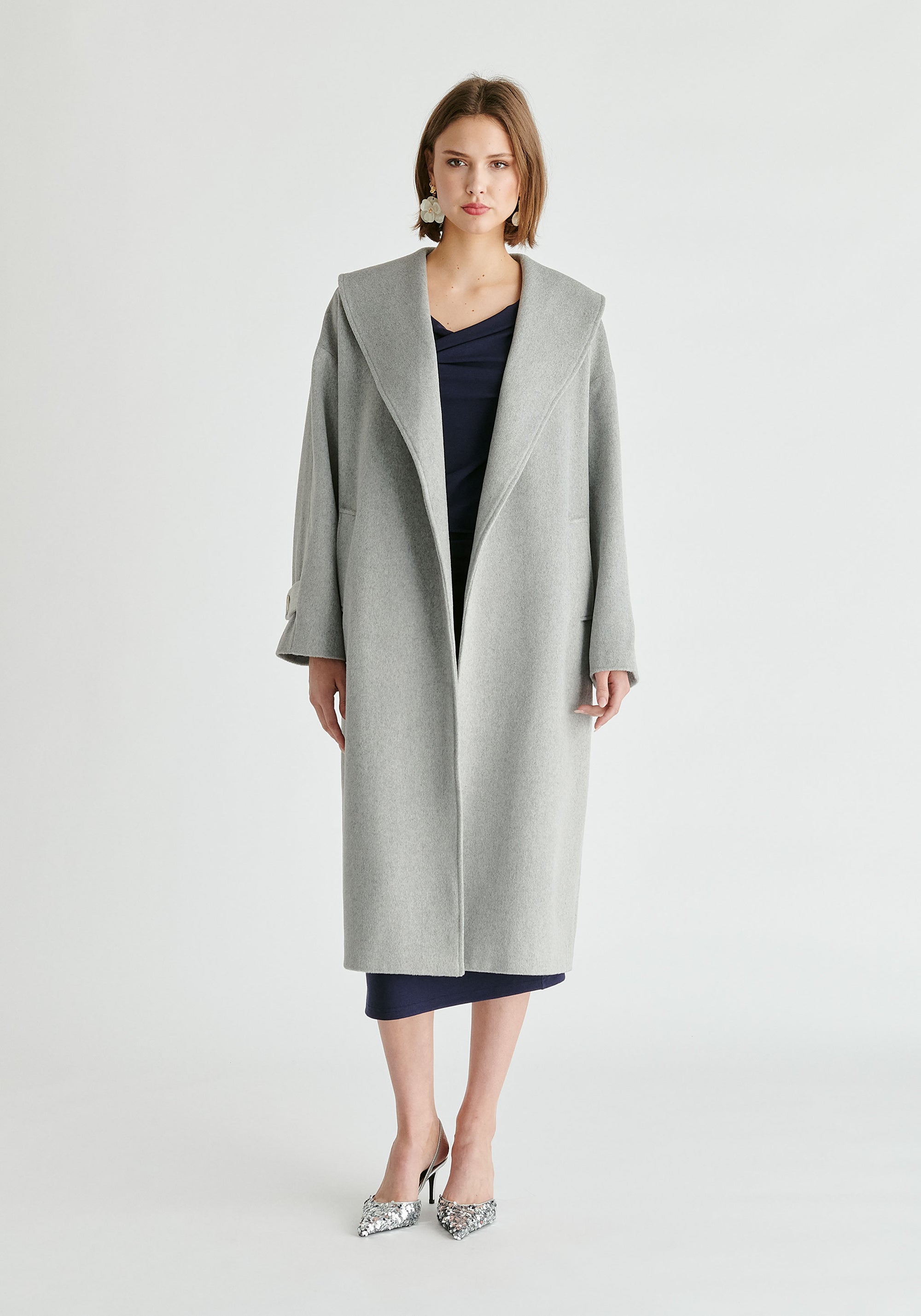 Shawl Collar Wool Coat with Belt in Light Grey