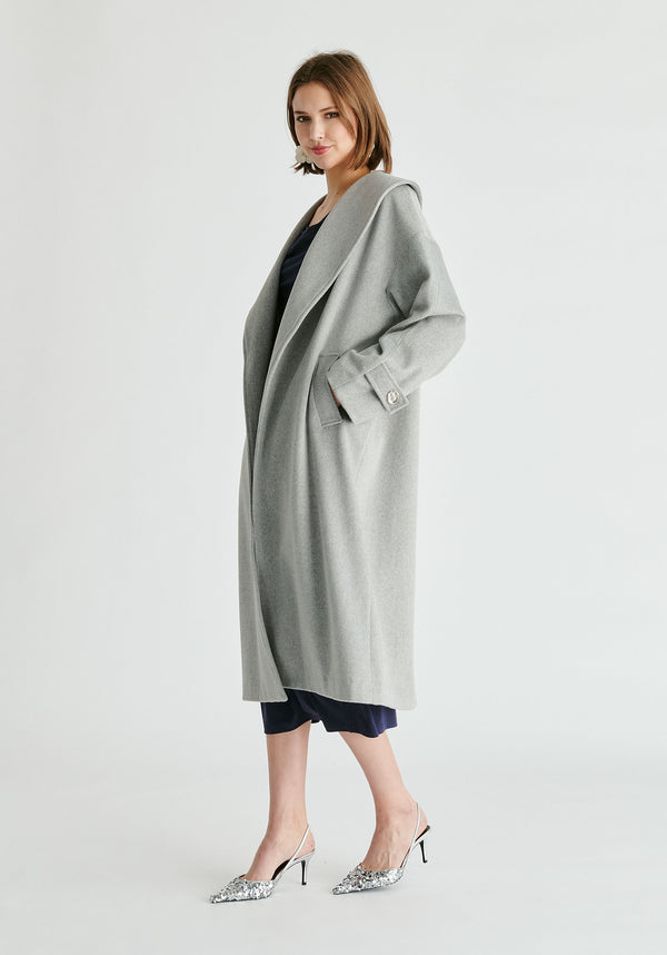 Shawl Collar Wool Coat with Belt in Light Grey Side