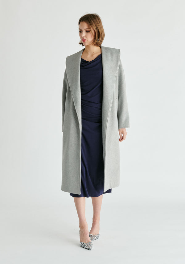 Shawl Collar Wool Coat with Belt in Light Grey Front