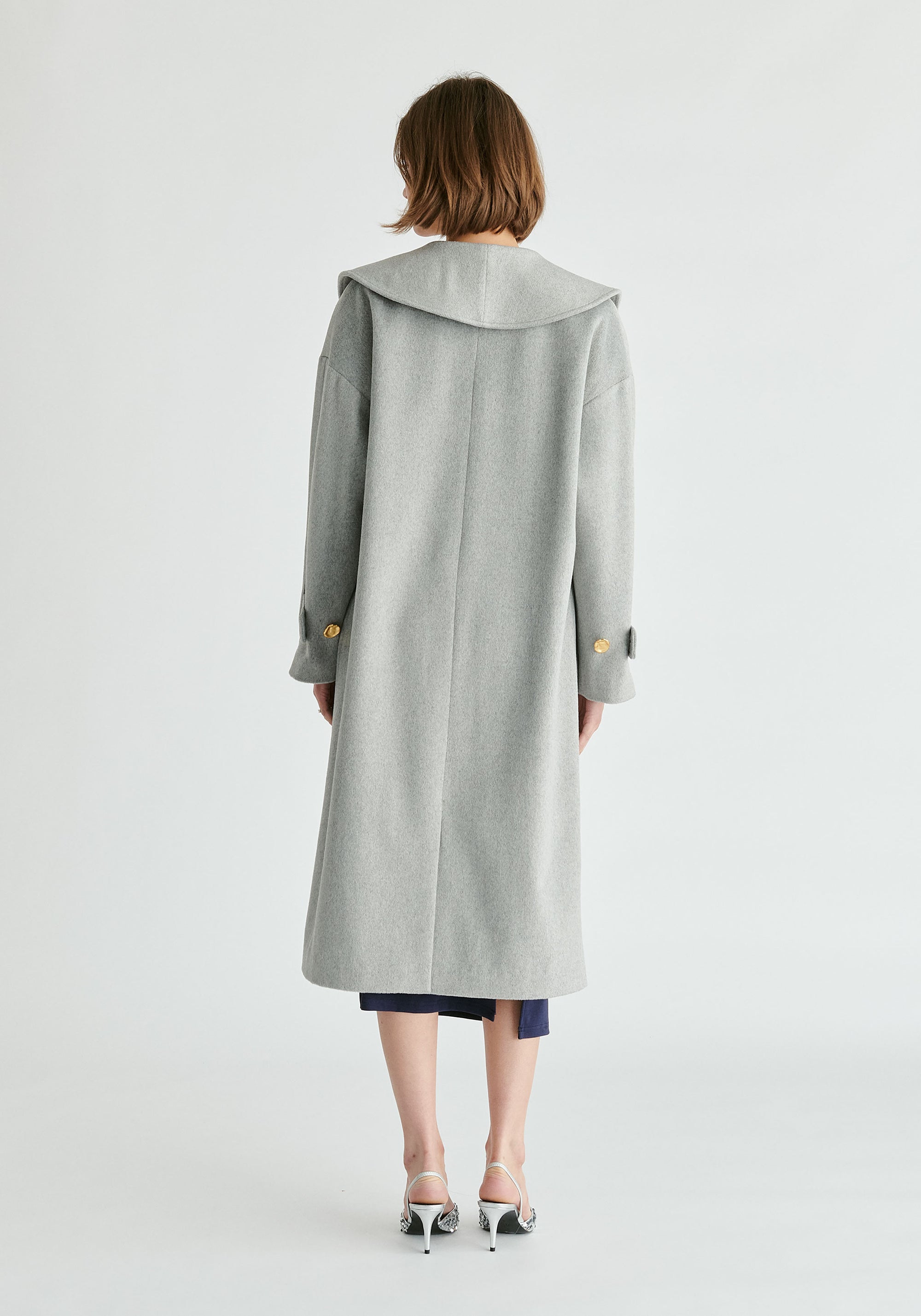 Shawl Collar Wool Coat with Belt in Light Grey Back
