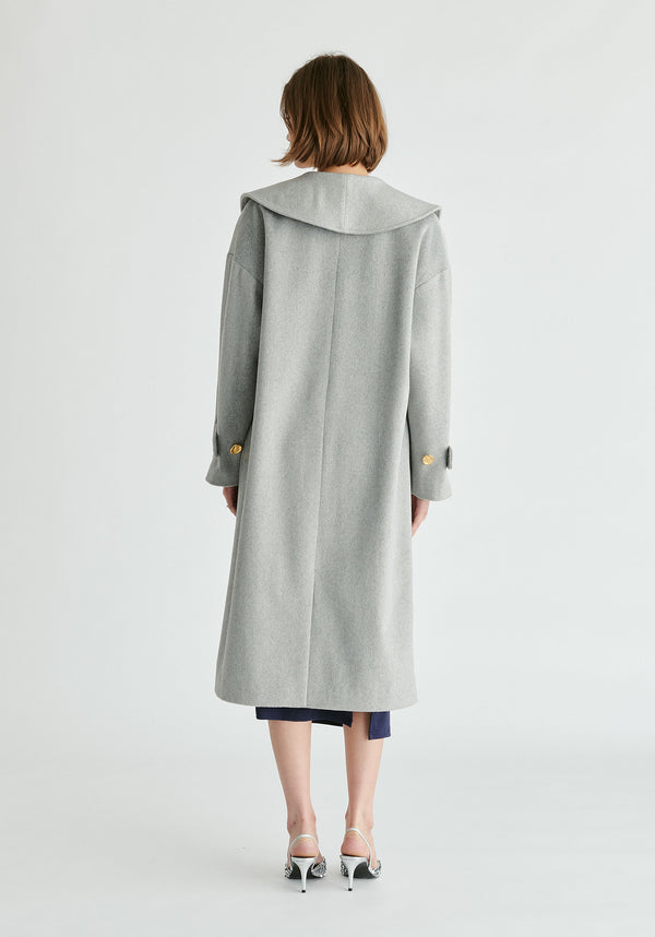 Shawl Collar Wool Coat with Belt in Light Grey Back
