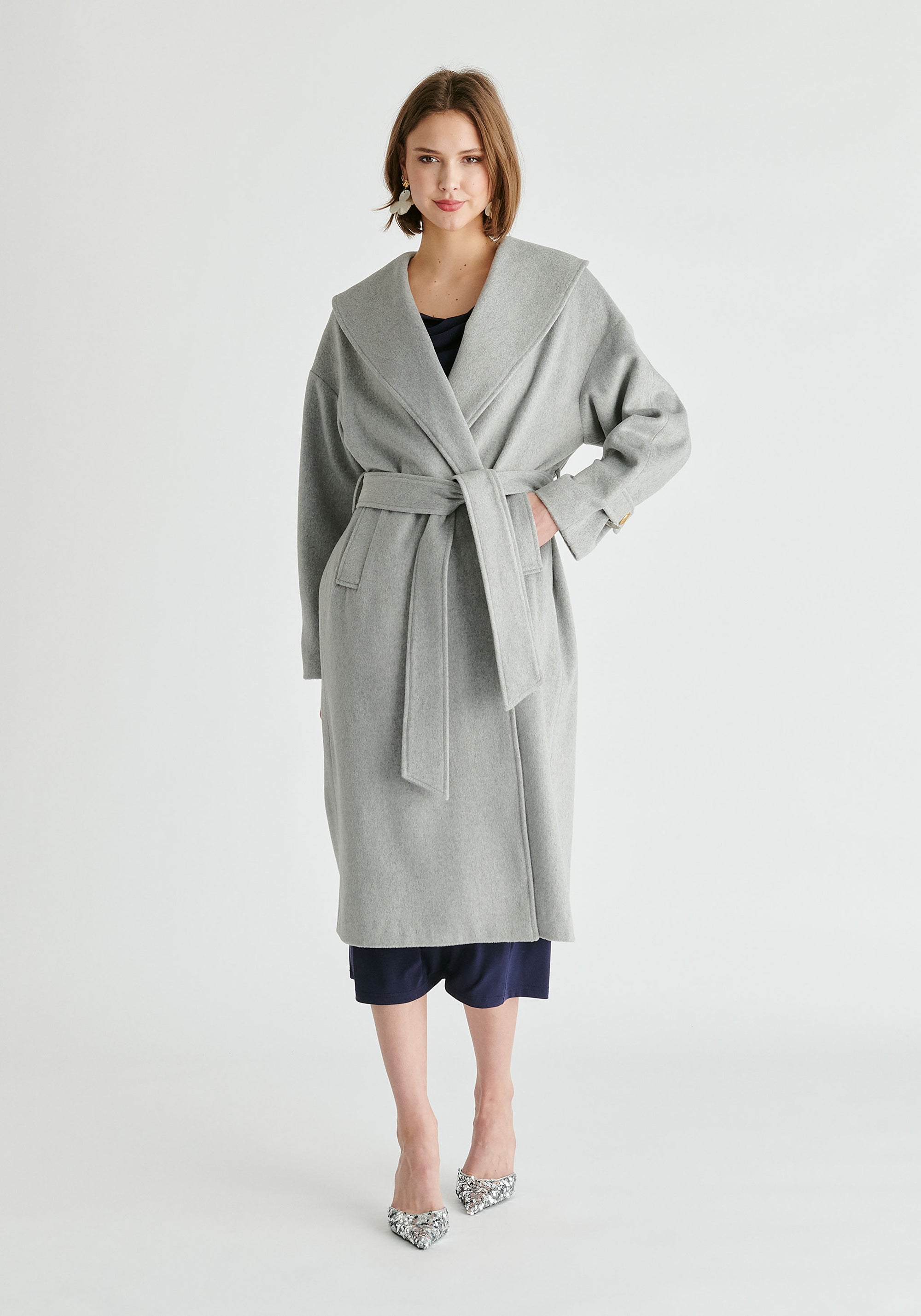 Shawl Collar Wool Coat with Belt in Light Grey Front