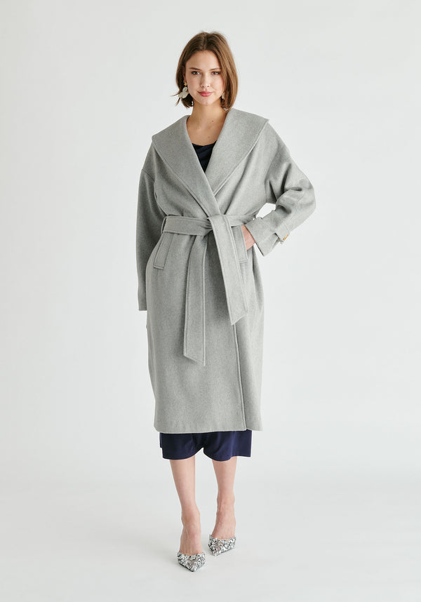 Shawl Collar Wool Coat with Belt in Light Grey Front