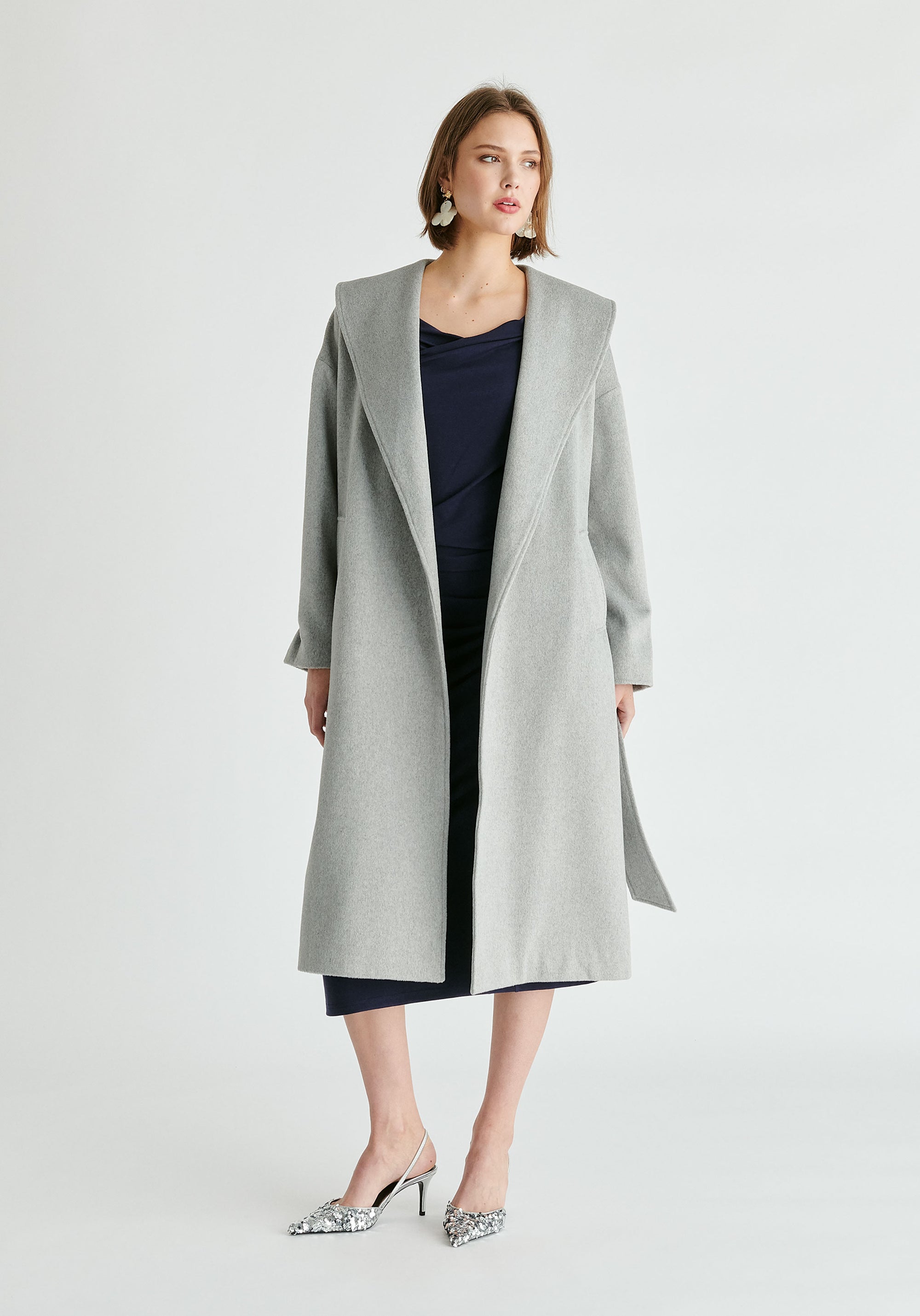 Shawl Collar Wool Coat with Belt in Light Grey Front