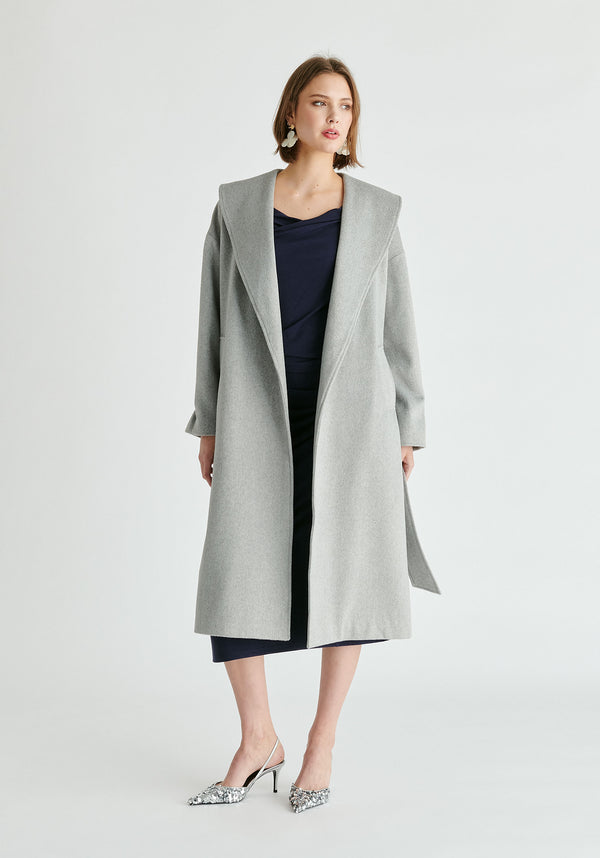 Shawl Collar Wool Coat with Belt in Light Grey Front
