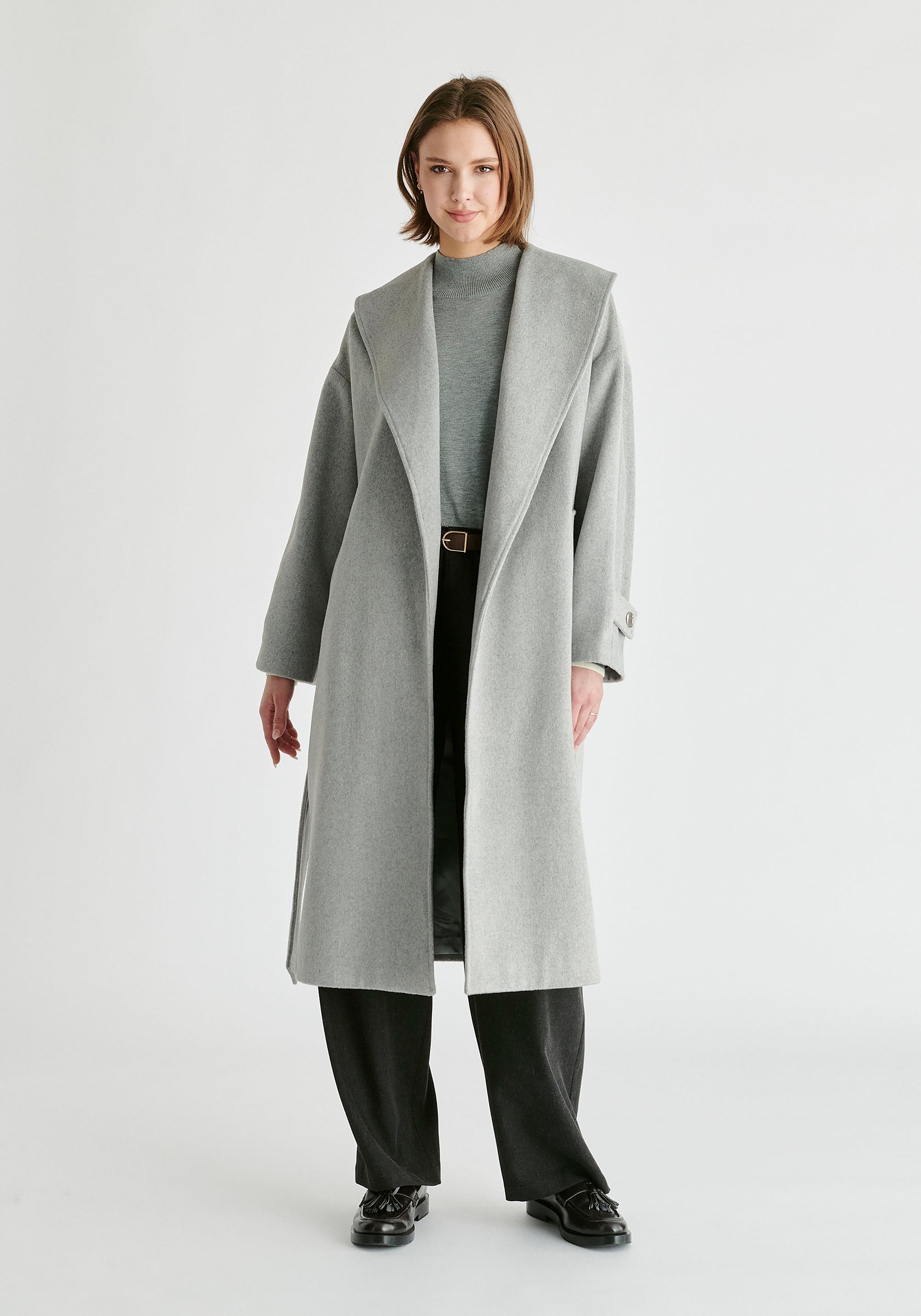 Shawl Collar Wool Coat with Belt in Light Grey Front