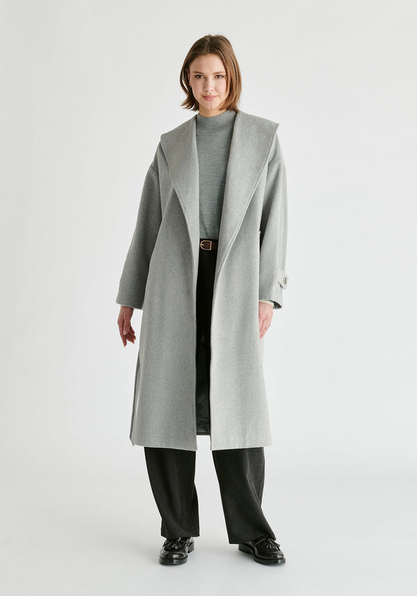 Shawl Collar Wool Coat with Belt in Light Grey Front
