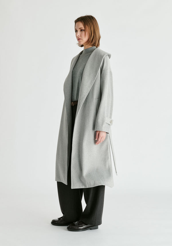 Shawl Collar Wool Coat with Belt in Light Grey Side