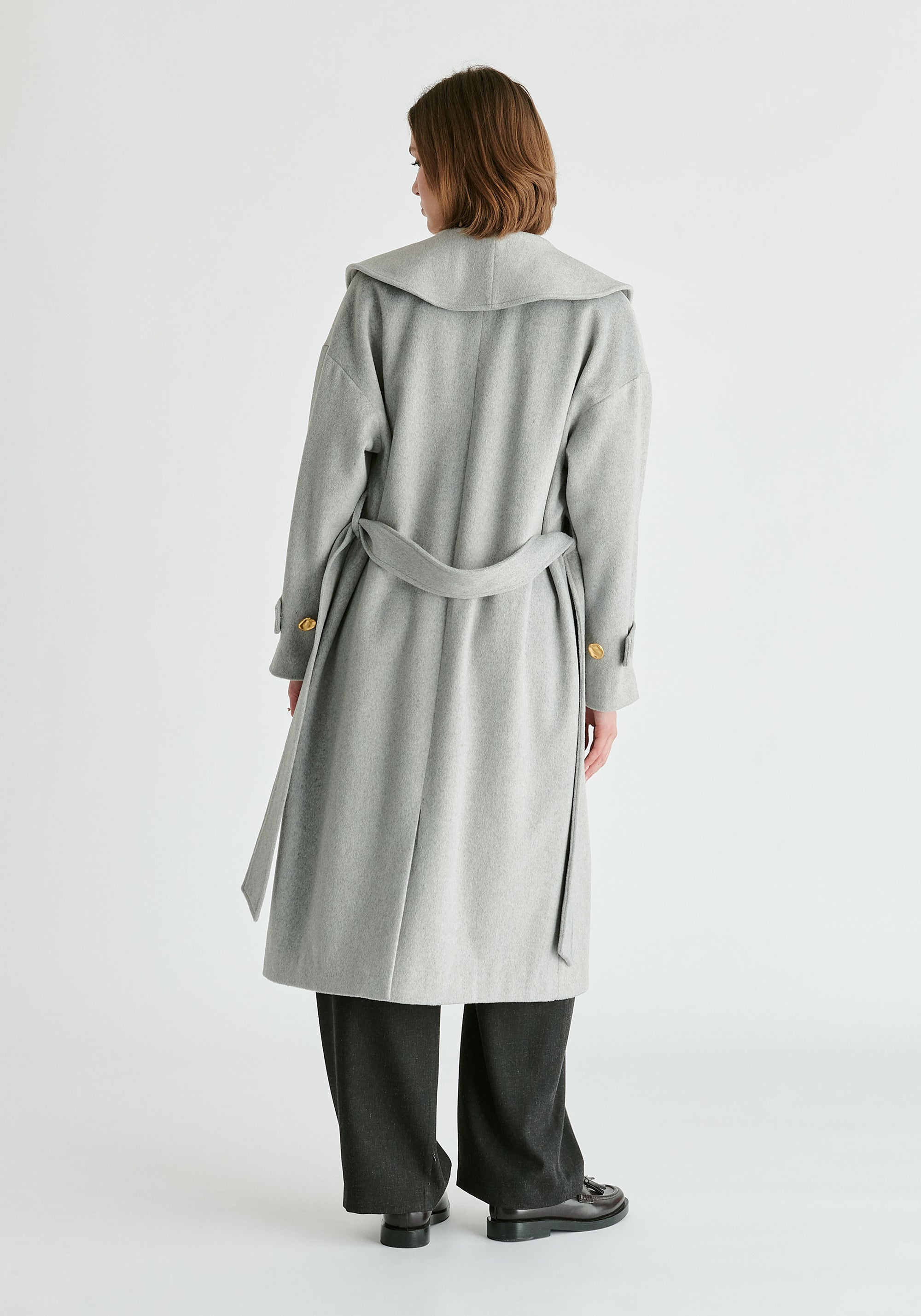 Shawl Collar Wool Coat with Belt in Light Grey Back