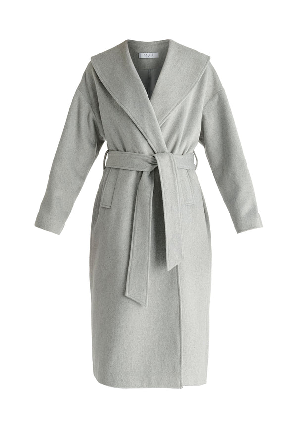 Shawl Collar Wool Coat with Belt in Light Grey Cutout