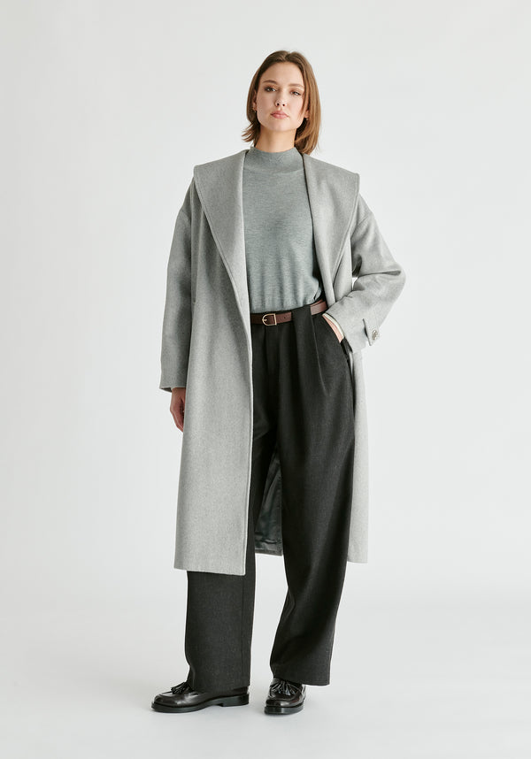 Shawl Collar Wool Coat with Belt in Light Grey Front