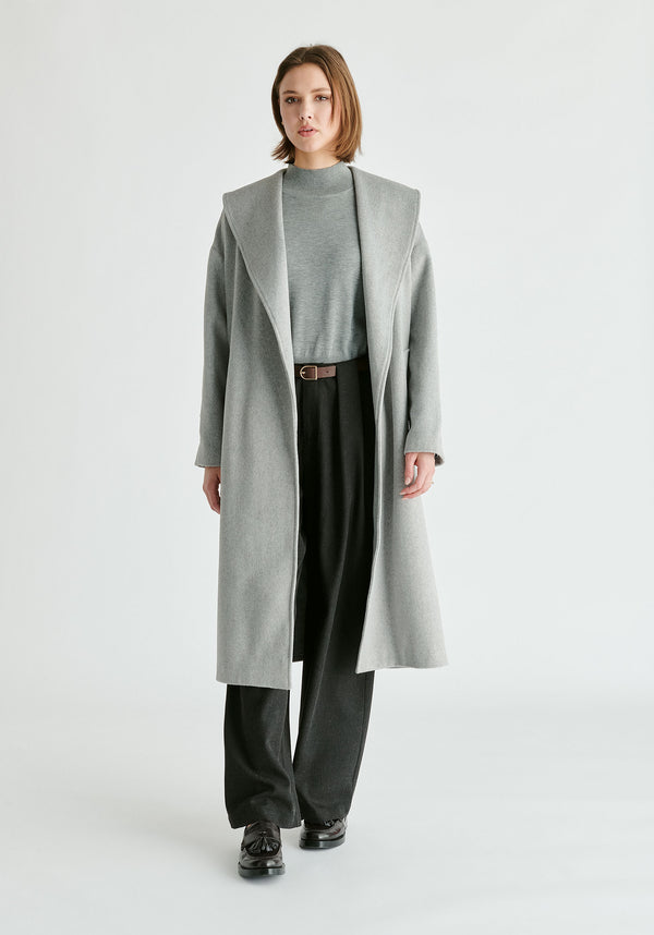 Shawl Collar Wool Coat with Belt in Light Grey Front