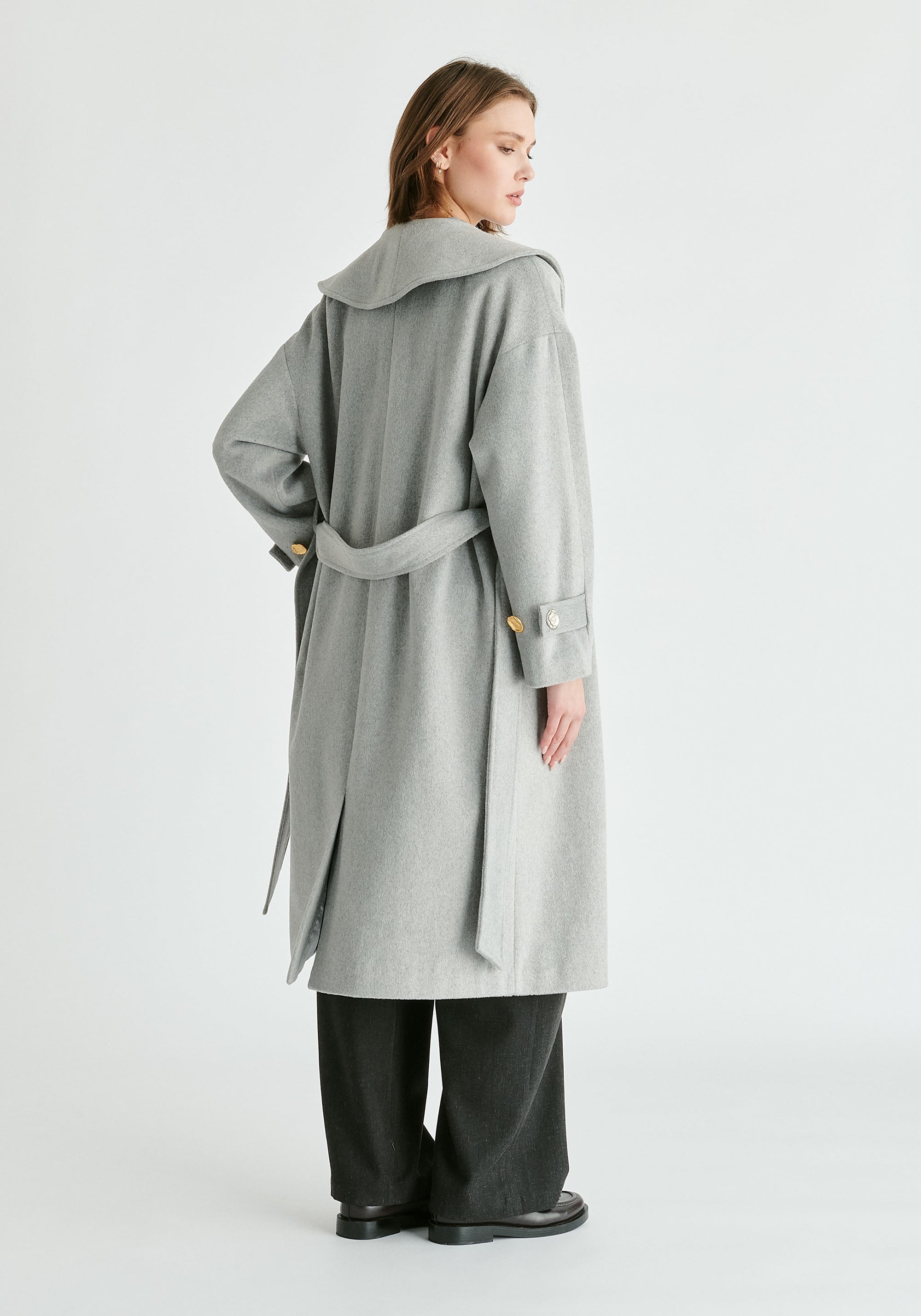 Shawl Collar Wool Coat with Belt in Light Grey Back