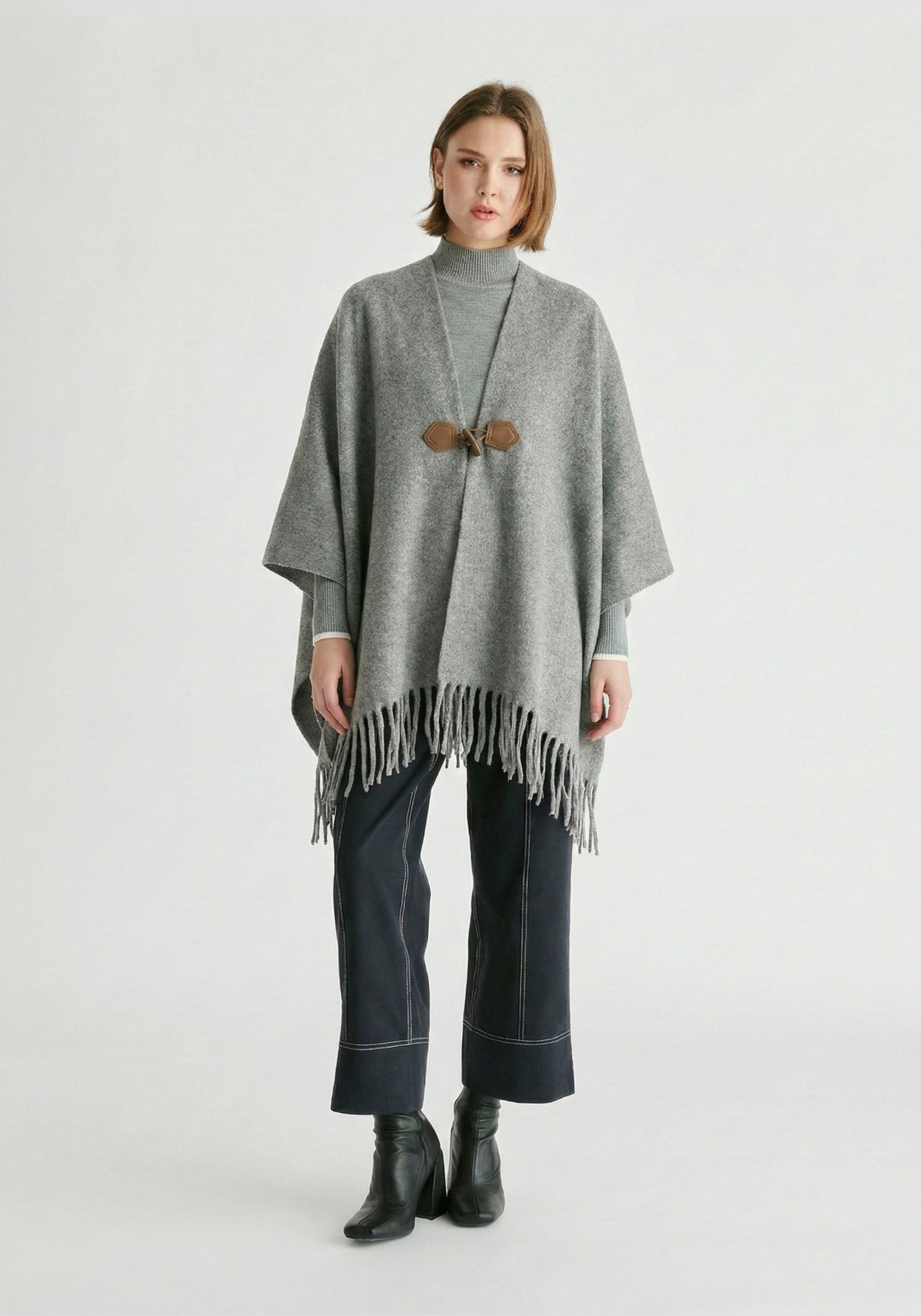 Poncho Scarf With Toggle Closure in Grey Front