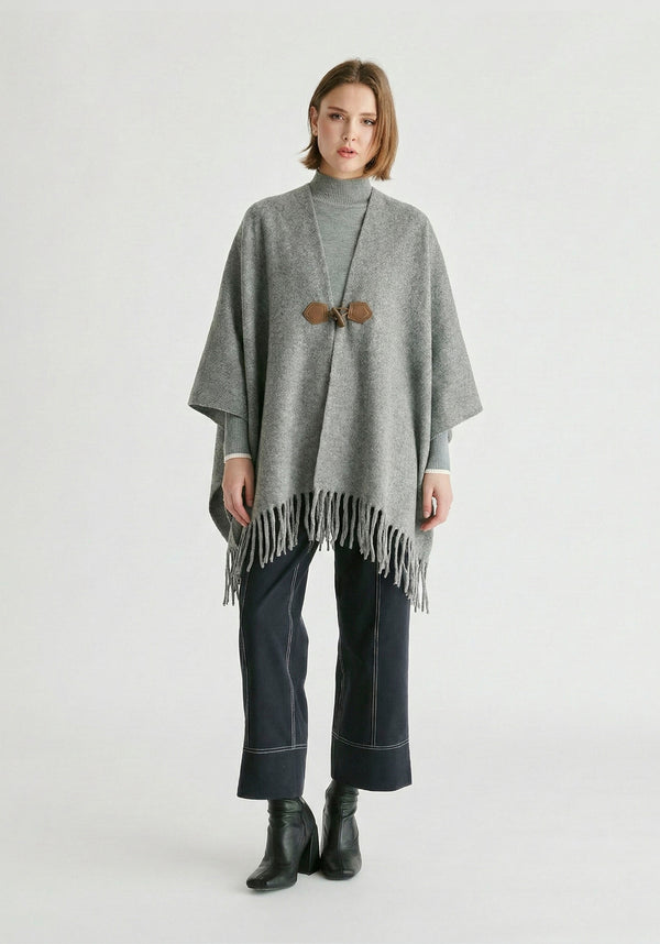 Poncho Scarf With Toggle Closure in Grey Front