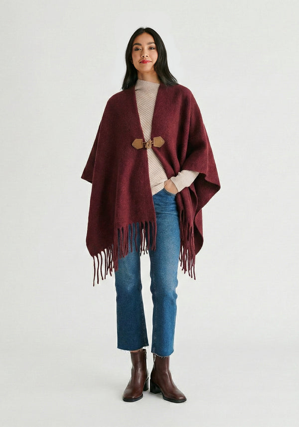 Poncho Scarf With Toggle Closure in Burgundy