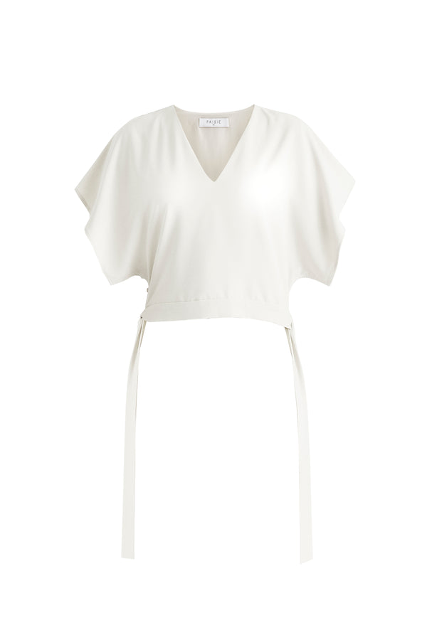 V-Neck Side Tie Top with Batwing Sleeves in White Cutout