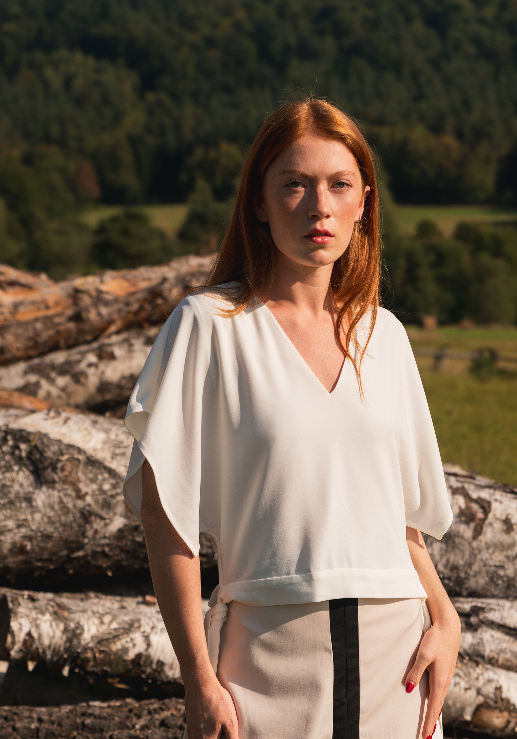 V-Neck Side Tie Top with Batwing Sleeves