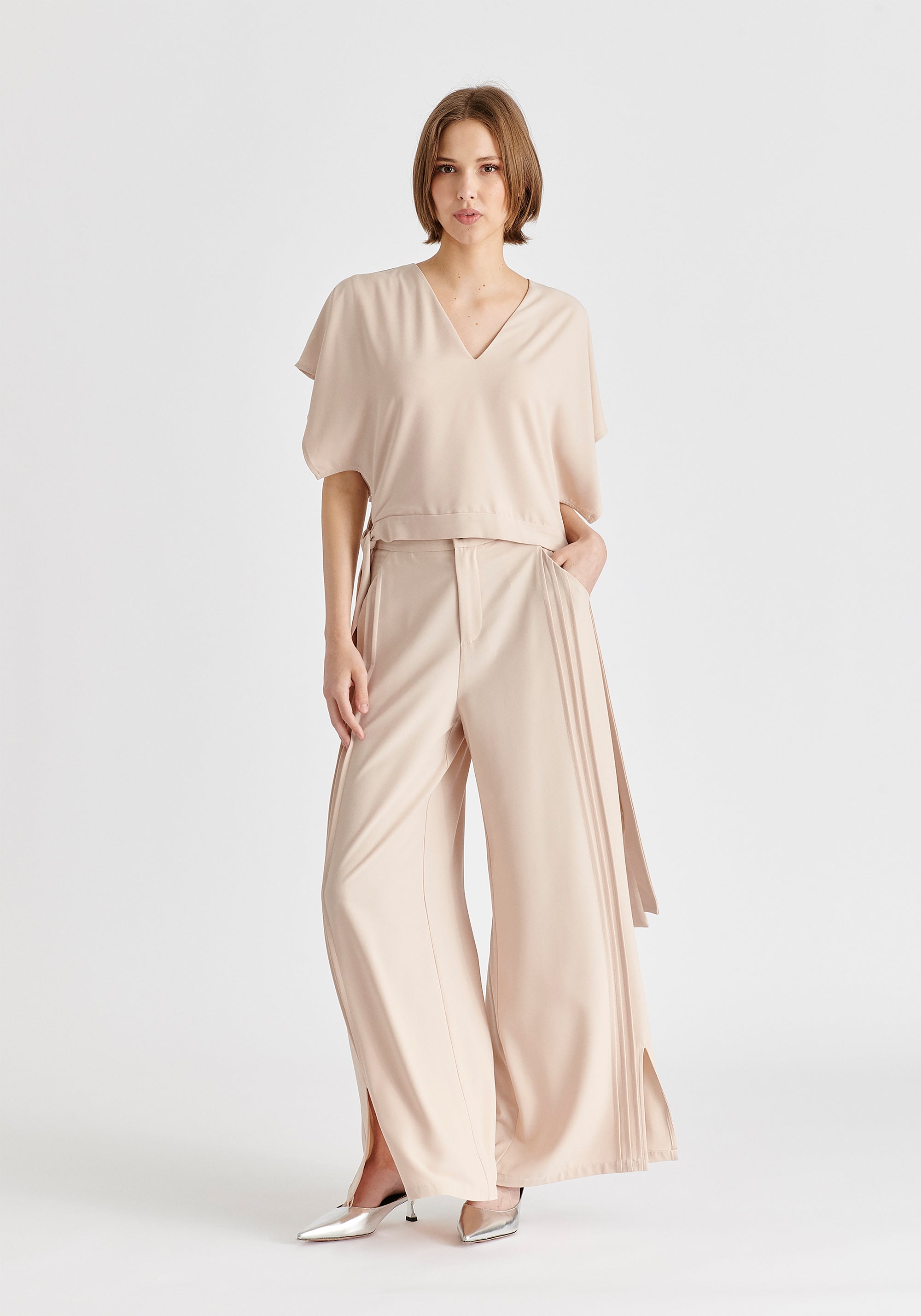 V-Neck Side Tie Top with Batwing Sleeves in Taupe