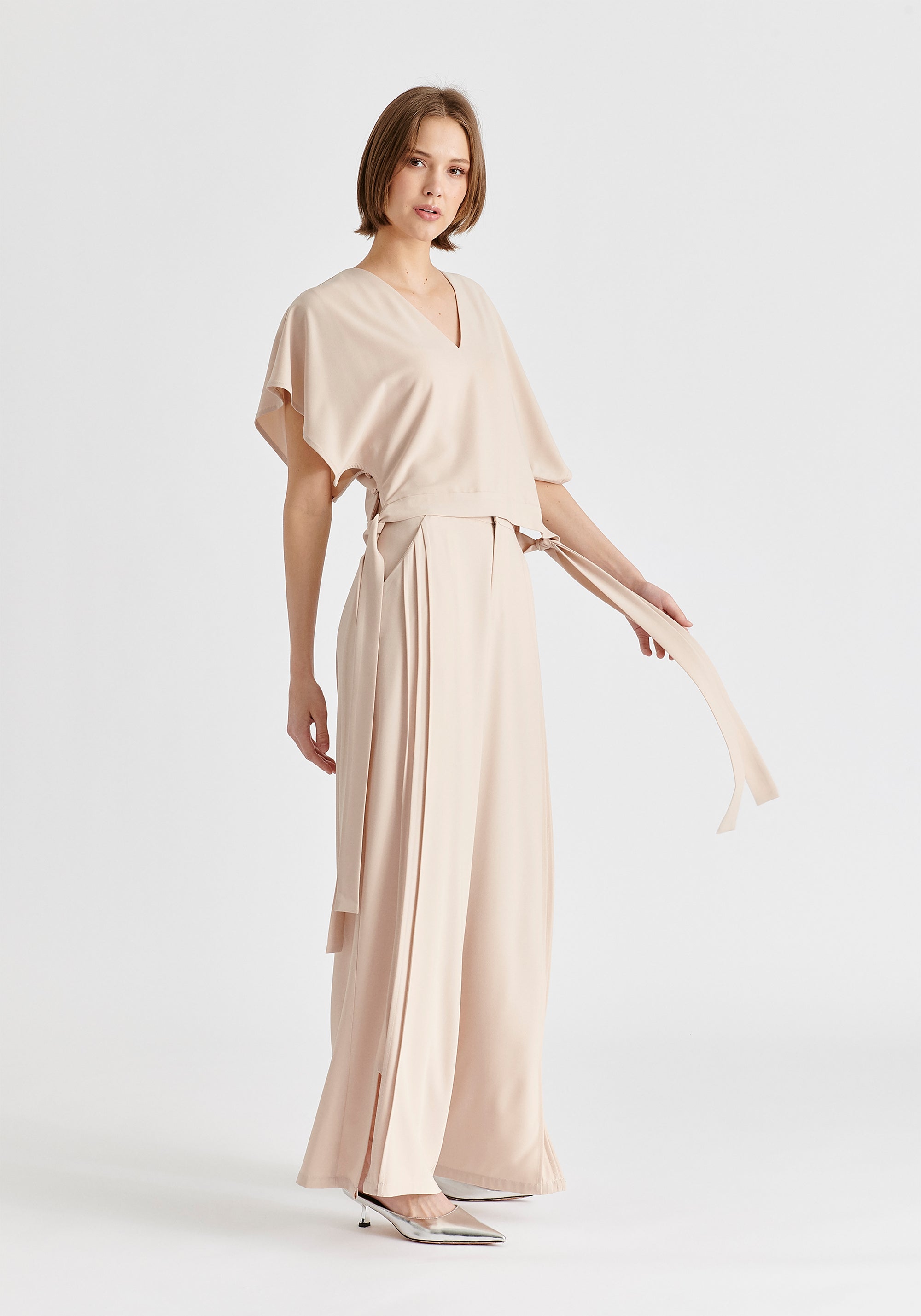 V-Neck Side Tie Top with Batwing Sleeves in Taupe Side