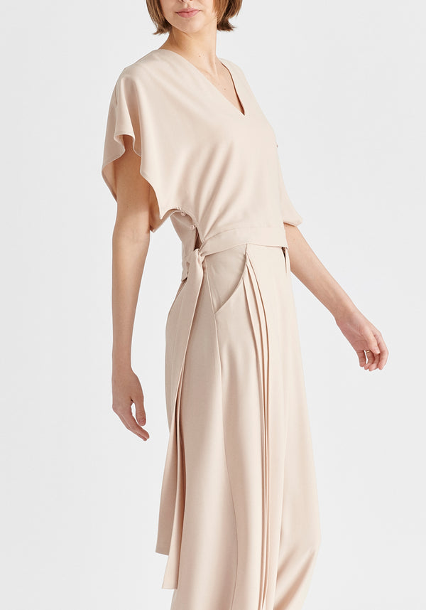 V-Neck Side Tie Top with Batwing Sleeves in Taupe Closeup