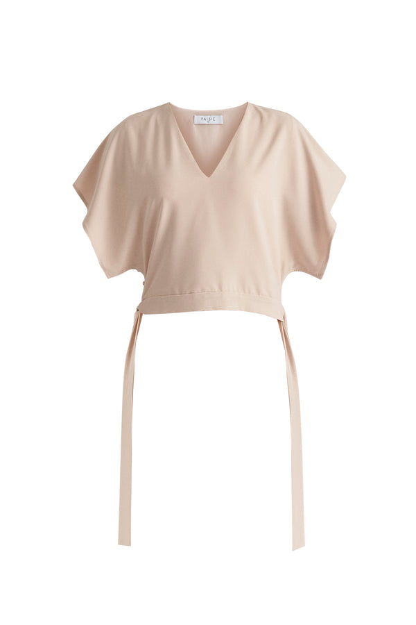 V-Neck Side Tie Top with Batwing Sleeves in Taupe Cutout