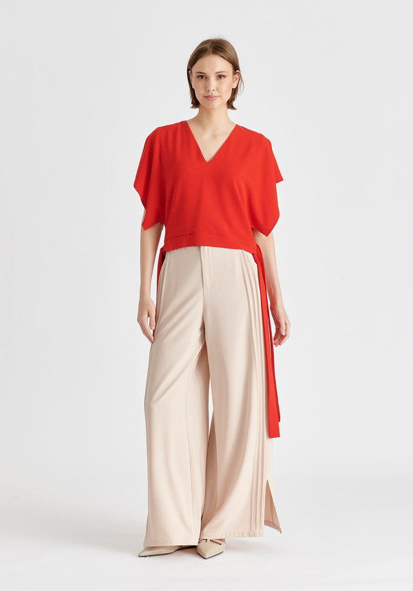 V-Neck Side Tie Top with Batwing Sleeves in Red