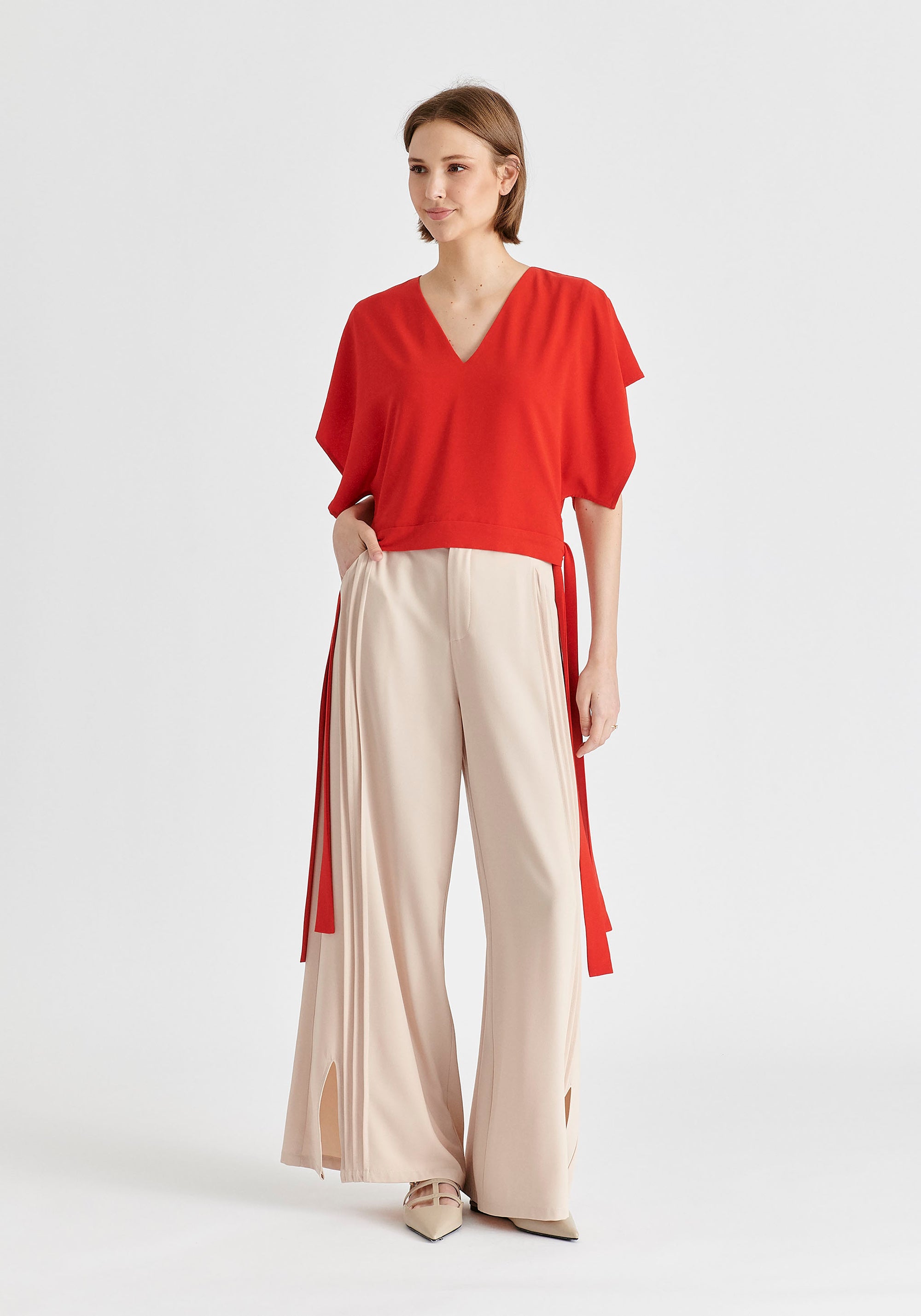 V-Neck Side Tie Top with Batwing Sleeves in Red Front