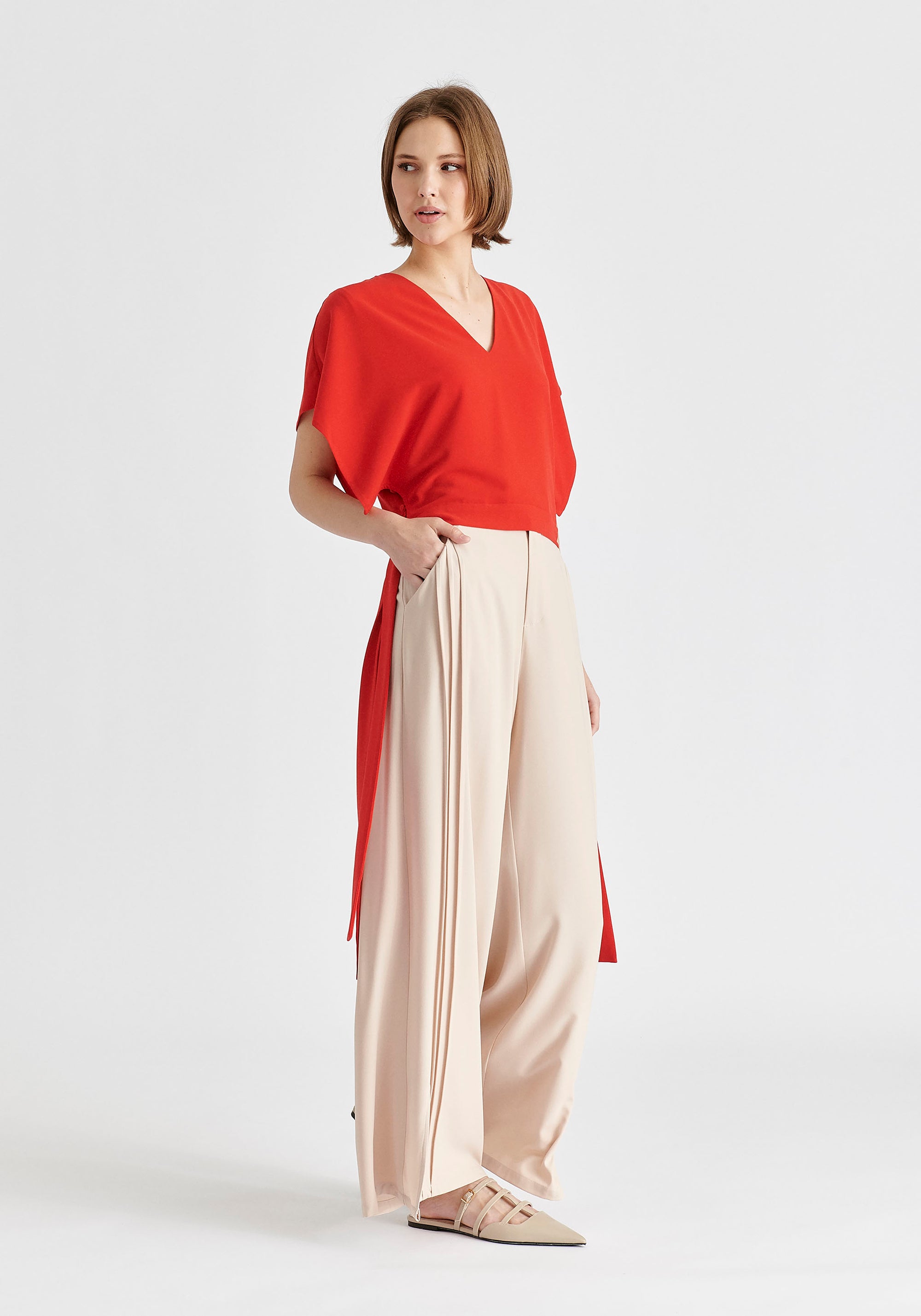 V-Neck Side Tie Top with Batwing Sleeves in Red Side