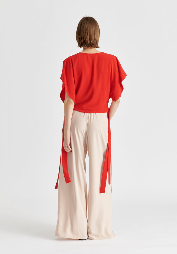 V-Neck Side Tie Top with Batwing Sleeves in Red Back