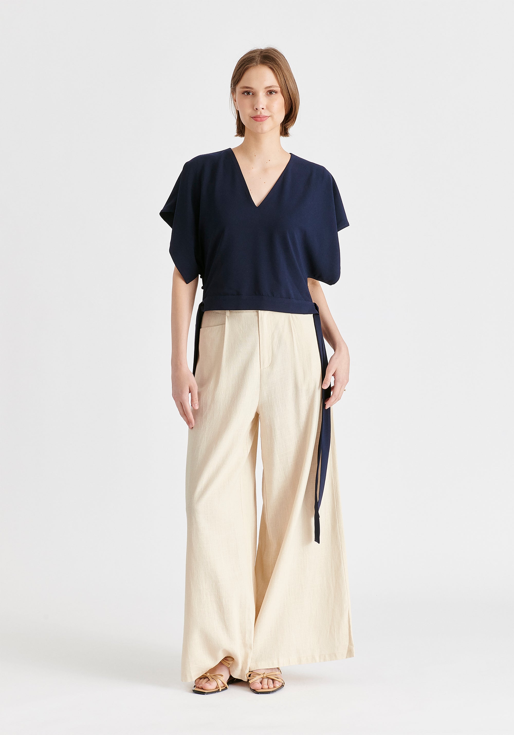 V-Neck Side Tie Top with Batwing Sleeves in Navy