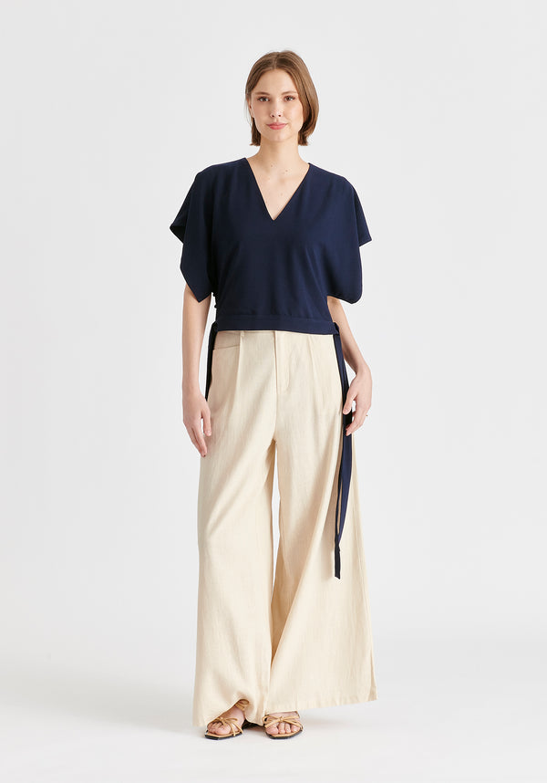 V-Neck Side Tie Top with Batwing Sleeves in Navy