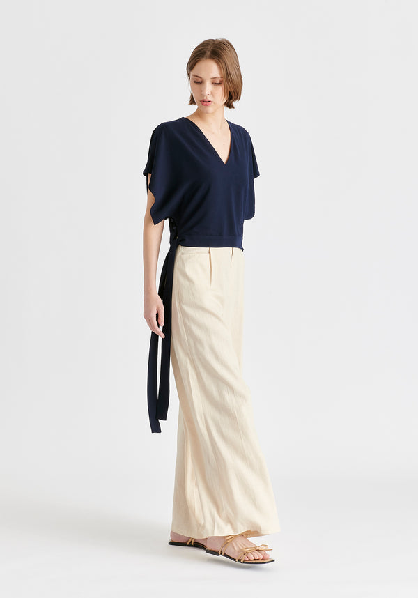 V-Neck Side Tie Top with Batwing Sleeves in Navy Side