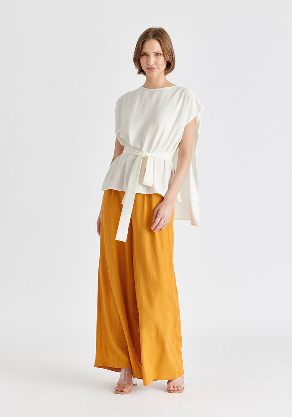 Round Neck Cape Top with Belt in White Side