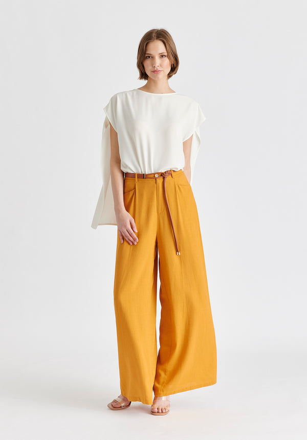 Round Neck Cape Top with Belt in White Front