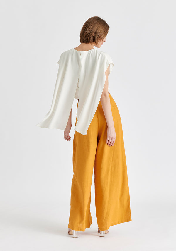 Round Neck Cape Top with Belt in White Back